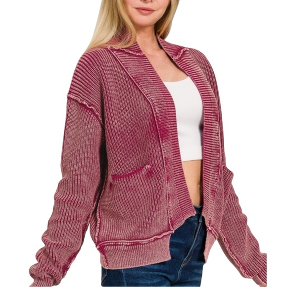 222. Women's Wine Acid Wash Ribbed Drop Shoulder Cardigan NEW - Picture 3 of 7